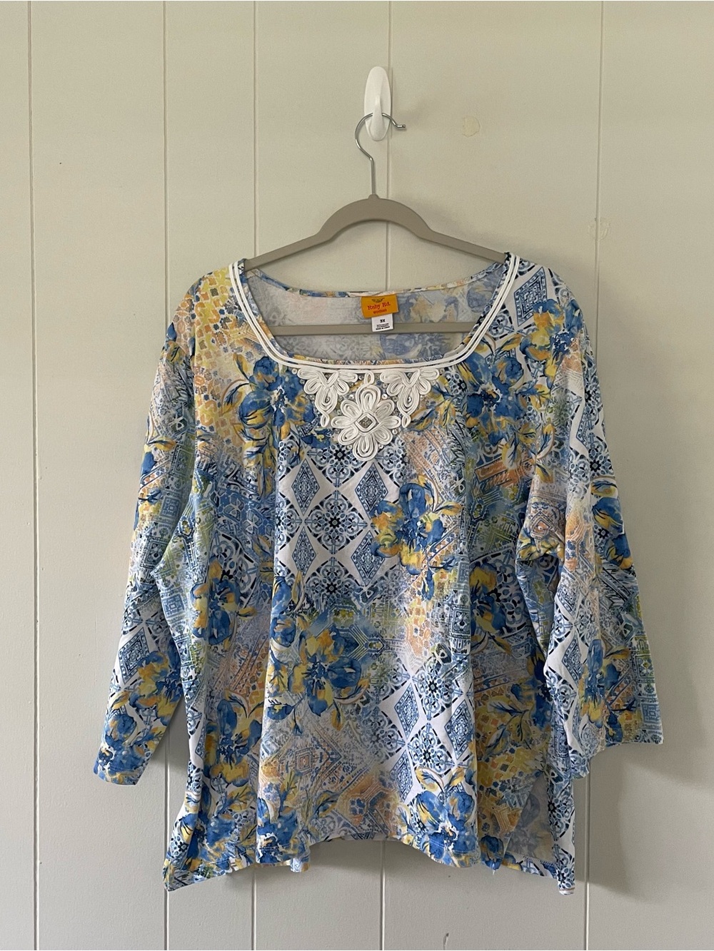 Ruby Rd Woman 3X Blue Yellow Floral Boho Print Embellished Tunic Top